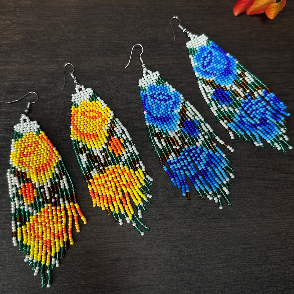Elegant Handmade Flower Beaded Tassel Drop Earrings for Women